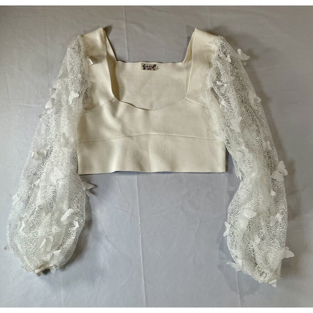 Free People Intimately White Flutter Crop Top Butterfly 3D Mesh Sleeves
